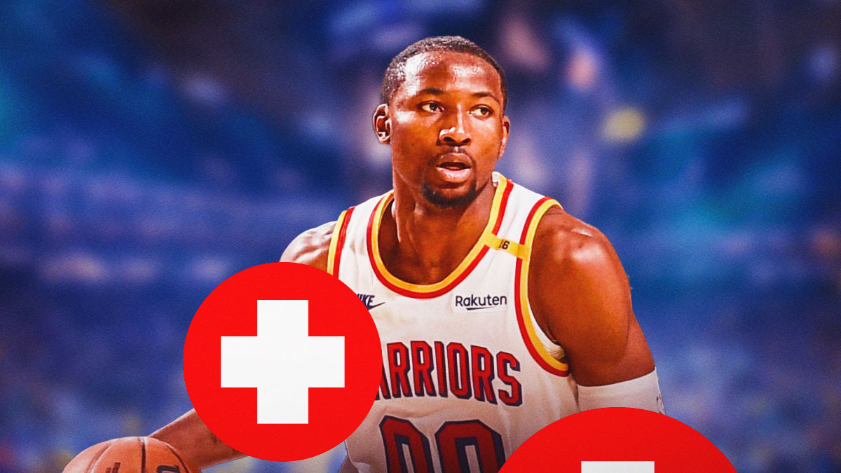 Warriors' Jonathan Kuminga with medical Red Cross symbol