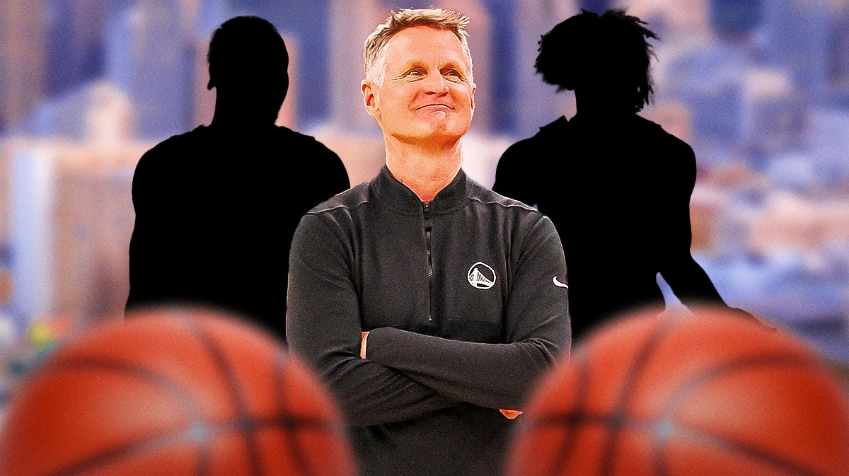 Warriors head coach Steve Kerr next to two players shadowed out (Kevin Knox & Yuri Collins) with the San Francisco skyline in the background