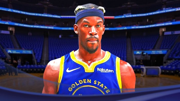 Warriors, Jimmy Butler, Jimmy Butler trade, Jimmy Butler Warriors, Warriors Jazz, Jimmy Butler in Warriors uni with Warriors arena in the background