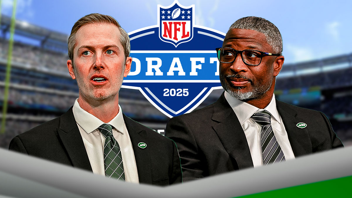 Aaron Glenn and Darren Mougey smile next to 2025 NFL Draft logo