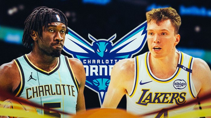 Mark Williams and Dalton Knecht in image, basketball court in background, Charlotte Hornets logo