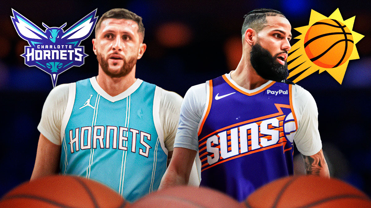 Jusuf Nurkic in a Hornets jersey and Cody Martin in a Suns jersey. Place the Phoenix Suns and Charlotte Hornets 2024-25 logos in background.
