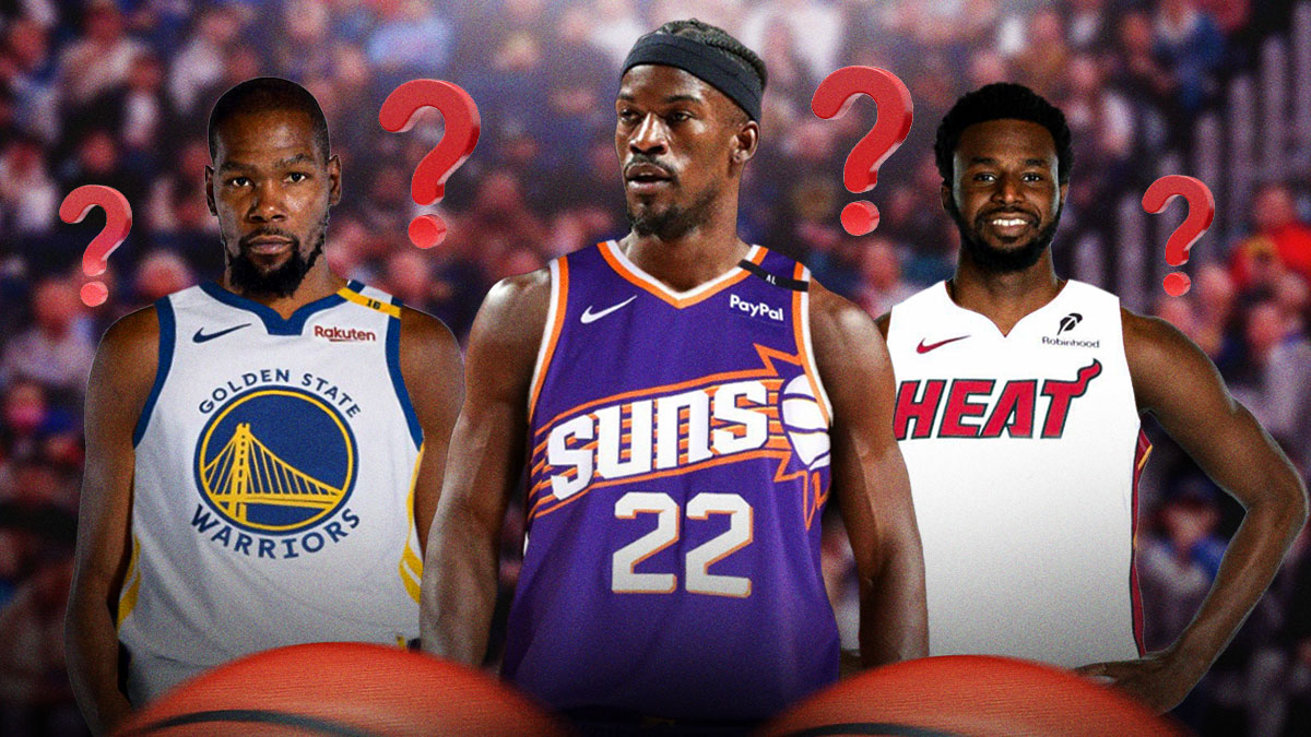 Kevin Durant in Warriors jersey, Jimmy Butler in Suns #22 jersey and Andrew Wiggins in #22 Heat Jersey. Question marks around them