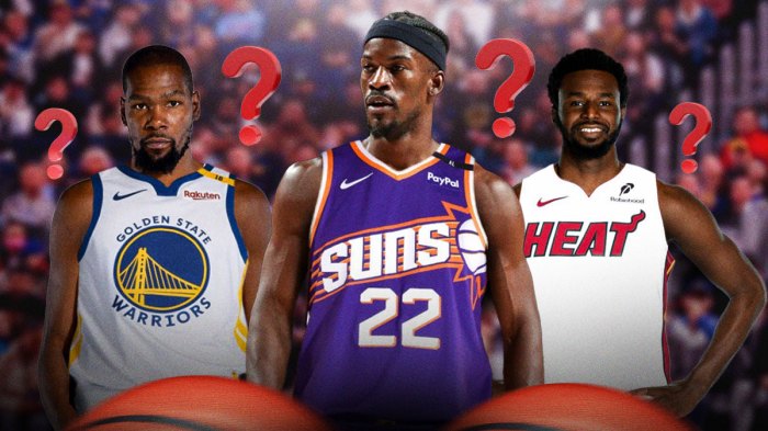 Kevin Durant in Warriors jersey, Jimmy Butler in Suns #22 jersey and Andrew Wiggins in #22 Heat Jersey. Question marks around them