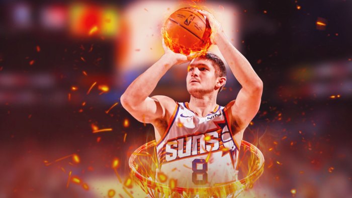 Grayson Allen in a Suns jersey shooting a 3-pointer that has fire on it, and the basket underneath him has fire surrounding the net.