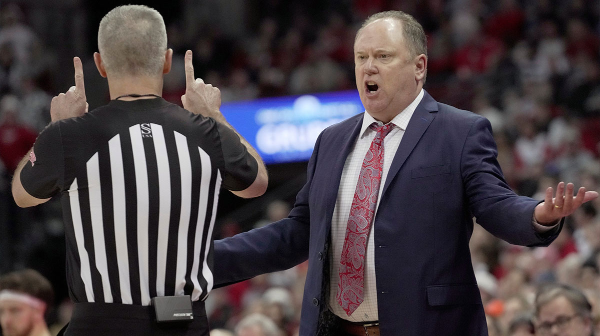 Wisconsin head coach Greg Gard argues a call during the first half of their game against Illinois Tuesday, February 18, 2025 at the Kohl Center in Madison, Wisconsin.