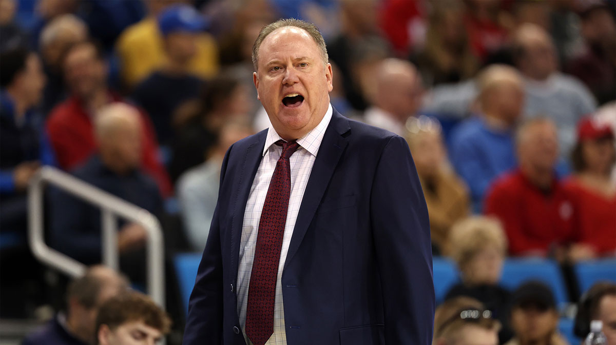 Wisconsin Badgers head coach Greg Gard reacts to a play during the first half against the Wisconsin Badgers at Pauley Pavilion presented by Wescom.