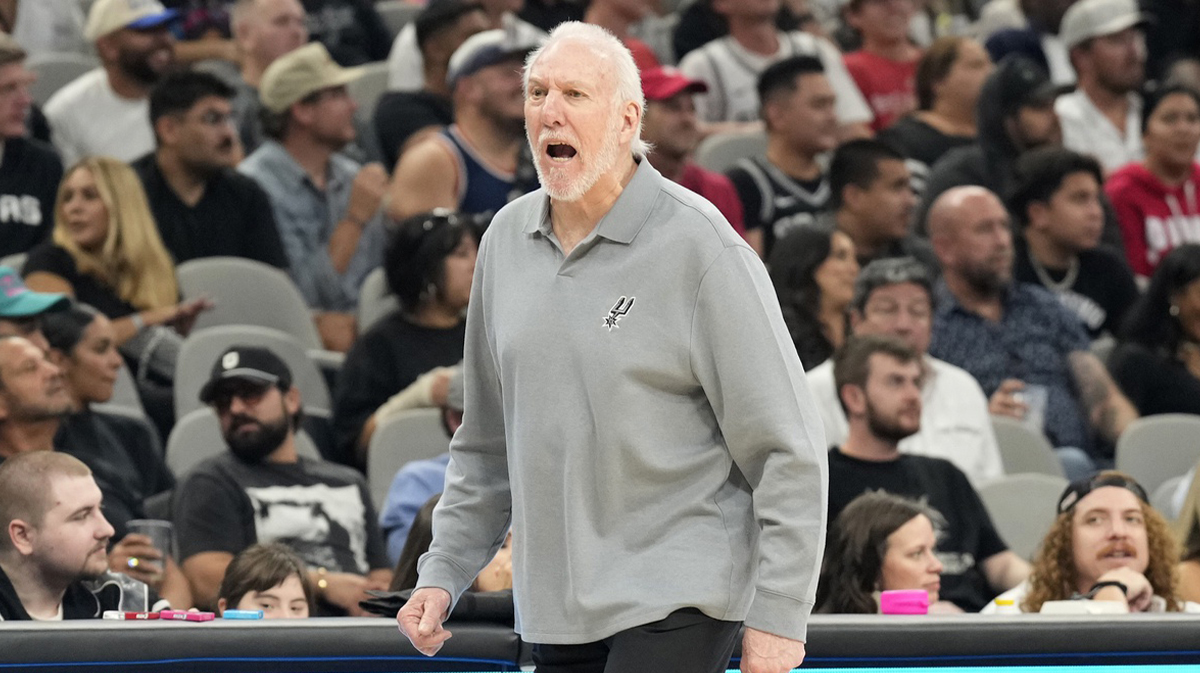 San Antonio Spurs head coach Gregg Popovich yells at an official during the second half against the Houston Rockets at Frost Bank Center.