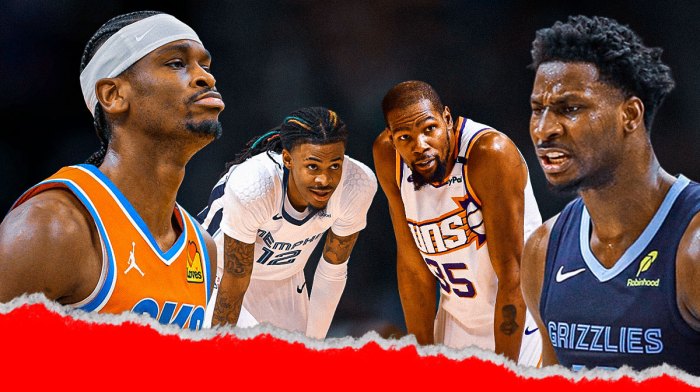 Shai Gilgeous-Alexander (Thunder) and Jaren Jackson Jr. (Grizzlies) facing off. Ja Morant (Grizzlies) doing the 'too small' on Kevin Durant (Suns)