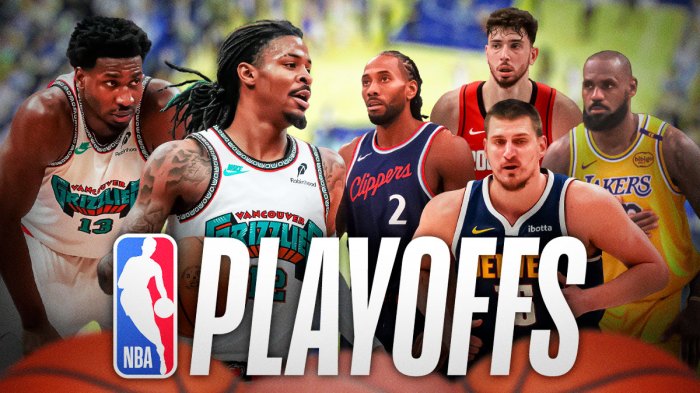 Ja Morant and Jaren Jackson Jr. facing off against Nikola Jokic, Kawhi Leonard, Alperen Sengen, and LeBron James. NBA Playoffs Logo