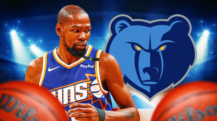 Kevin Durant in Suns uniform next to Grizzlies logo.