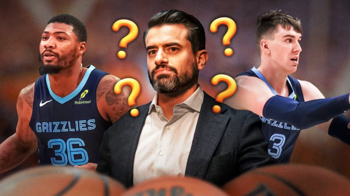 Grizzlies general manager Zach Kleiman with question marks around him and Marcus Smart and Jake Laravia standing next to him.