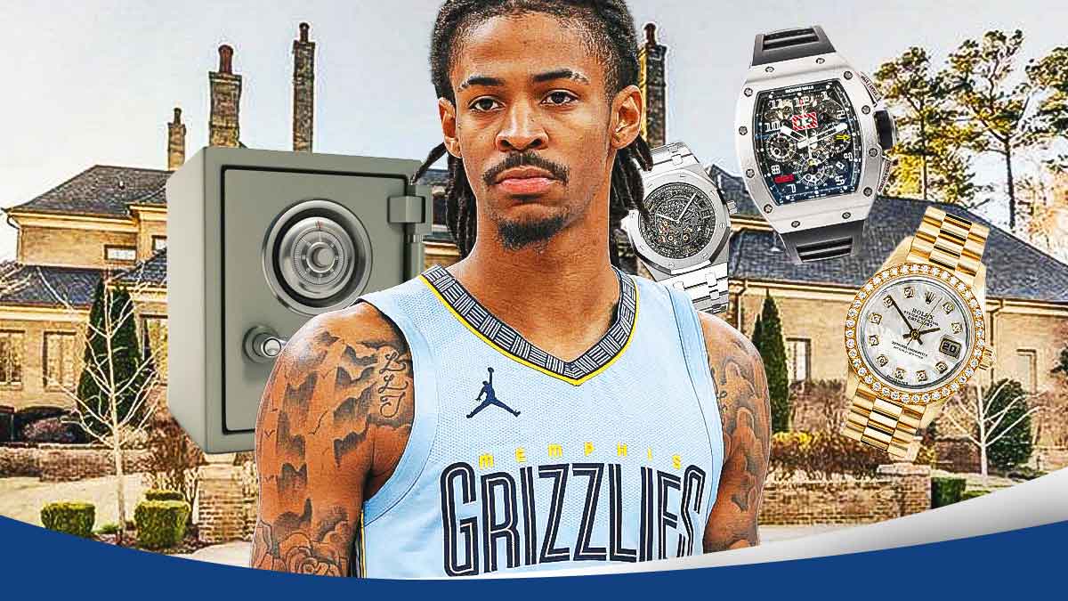 Grizzlies point guard Ja Morant next to his mansion with expensive watches and a safe in the background