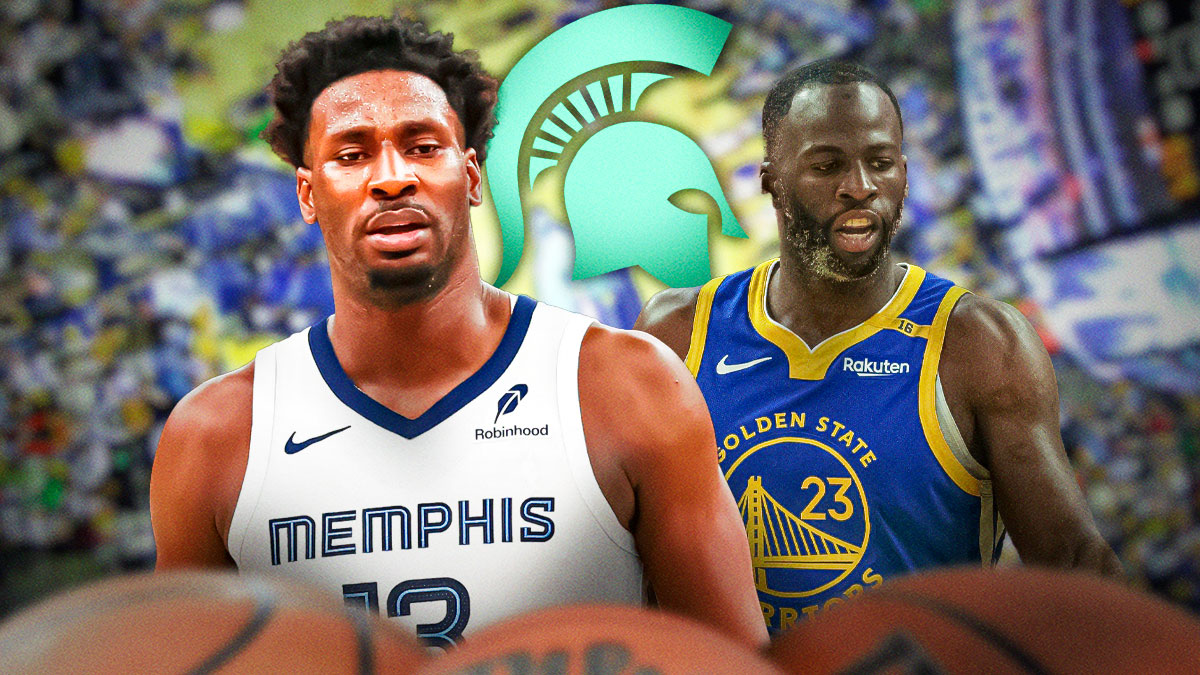 Grizzlies All-Star Jaren Jackson Jr. next to Warriors' Draymond Green with the Michigan State University logo in the background