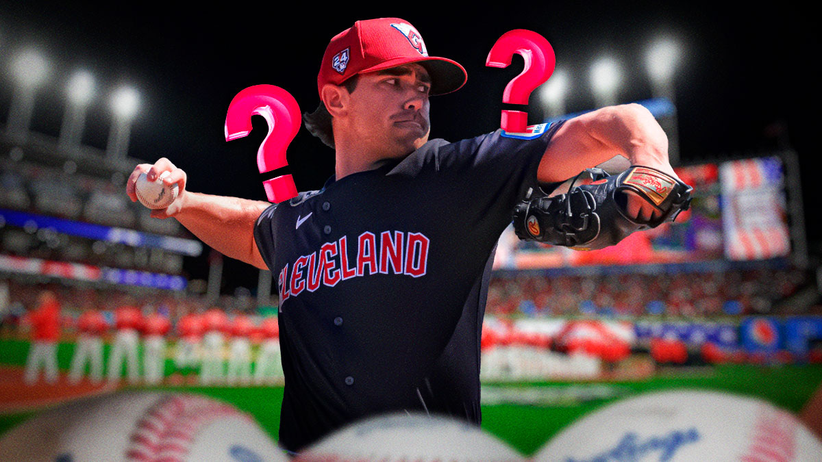 Guardians pitcher Shane Bieber, question marks next to him, Progressive Field in back