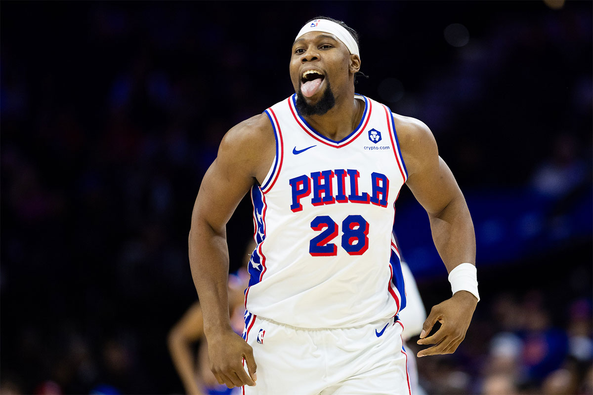 The Philadelphia 76ers forward Guerschon Yabusele (28) reacts after the first quarter of the Magls Cargo Center reacts after missing the shot against New York Knicks.