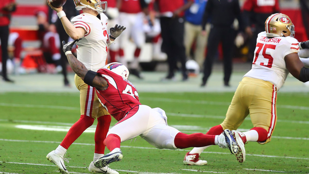 Arizona Cardinals Van Linebacker Haason Reddick (43) Causes Fumble San Francisco 49ers Quarterback Cj Beathard (3) in the second quarter at the State Stadium. 