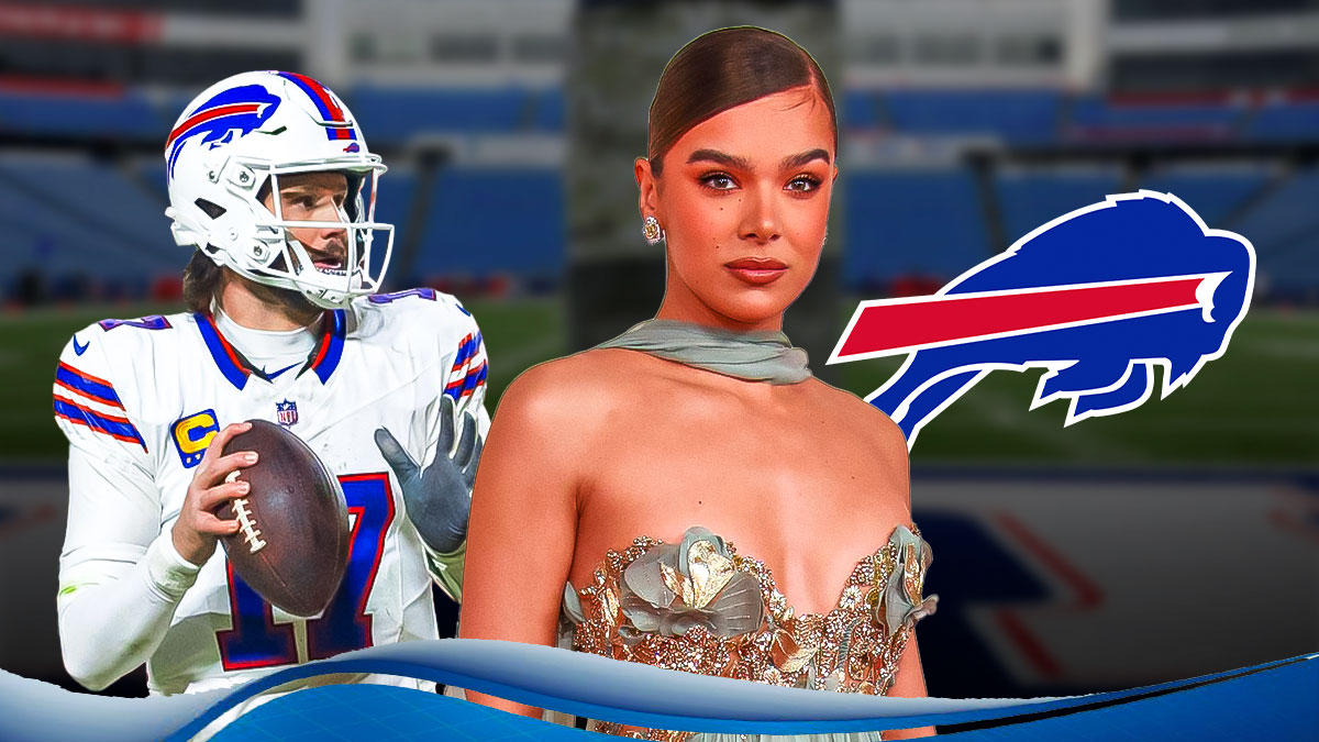 Josh Allen and Hailee Steinfeld in the center, with the Buffalo Bills logo in the background and fire emojis all around.