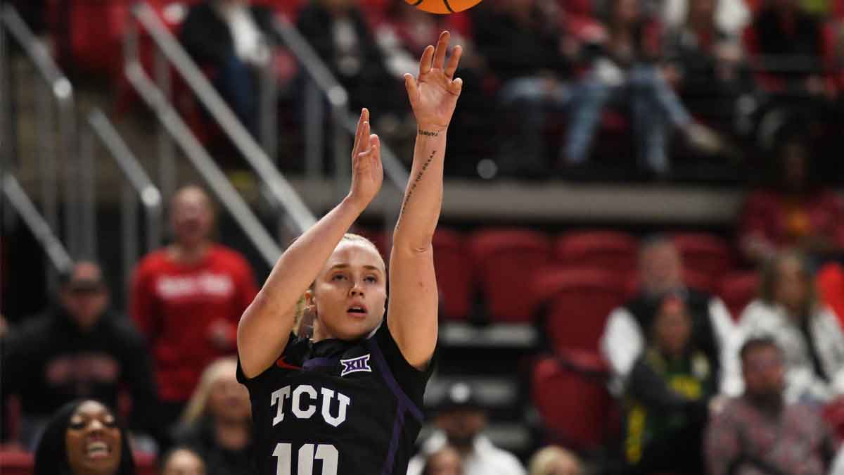 TCU women's basketball Hailey Van Lith shoots against Texas Tech in a Big 12 women's basketball game.