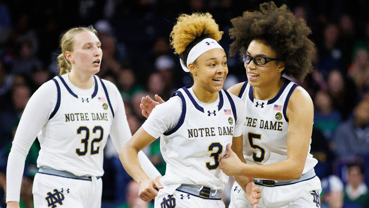 Notre Dame guard Hannah Hidalgo (3) and guard Olivia Miles (5) celebrate during a NCAA women's basketball game between Notre Dame and SMU at Purcell Pavilion on Sunday, Jan. 19, 2025, in South Bend.