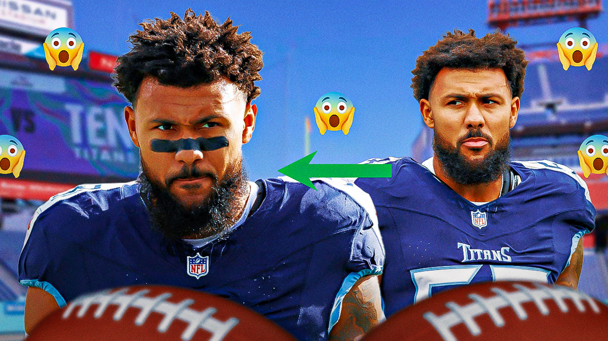 Harold Landry on one side in a Tennessee Titans jersey with an arrow pointing to Harold Landry on the other side in a blank jersey, a bunch of shocked emojis in the background