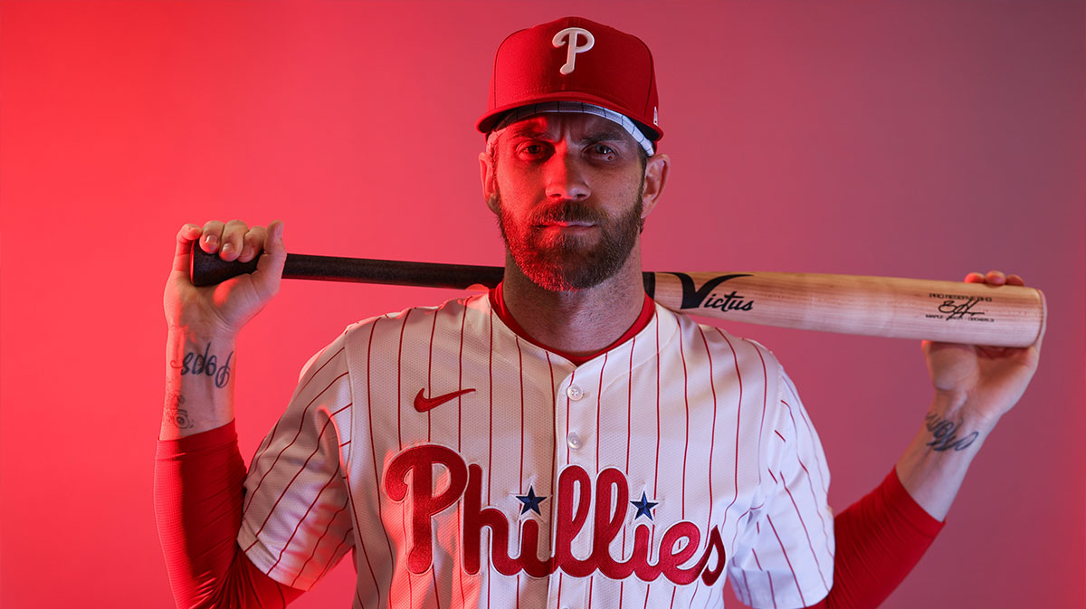 Philadelphia Phillies first base Bryce Harper (3) participates in media day at BayCare Ballpark.