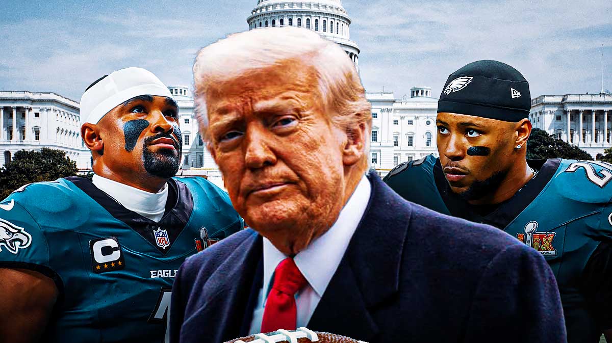 President Donald Trump with Super Bowl 59 champions Philadelphia Eagles stars Jalen Hurts and Saquon Barkley with White House background.