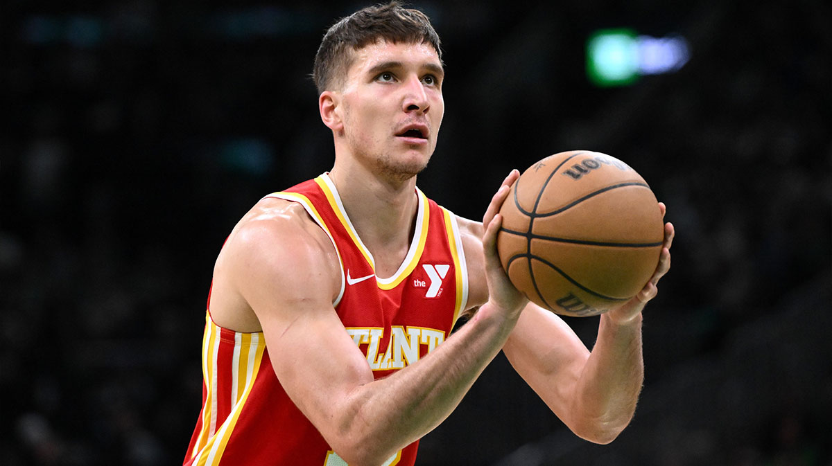 Atlanta Hawks guard Bogdan Bogdanovic (13) takes a free throw against the Boston Celtics during the second quarter at the TD Garden.