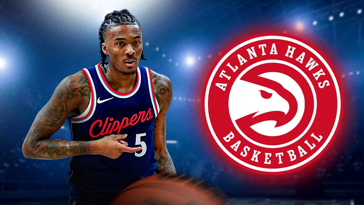 Clippers' Bones Hyland next to Hawks logo