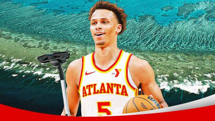 Hawks' Dyson Daniels smiling while holding a vacuum, with Great Barrier Reef in the background