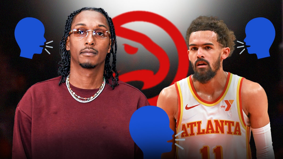 Trae Young, Lou Williams, Atlanta Hawks logo in background, speaking symbols surrounding Young and Williams