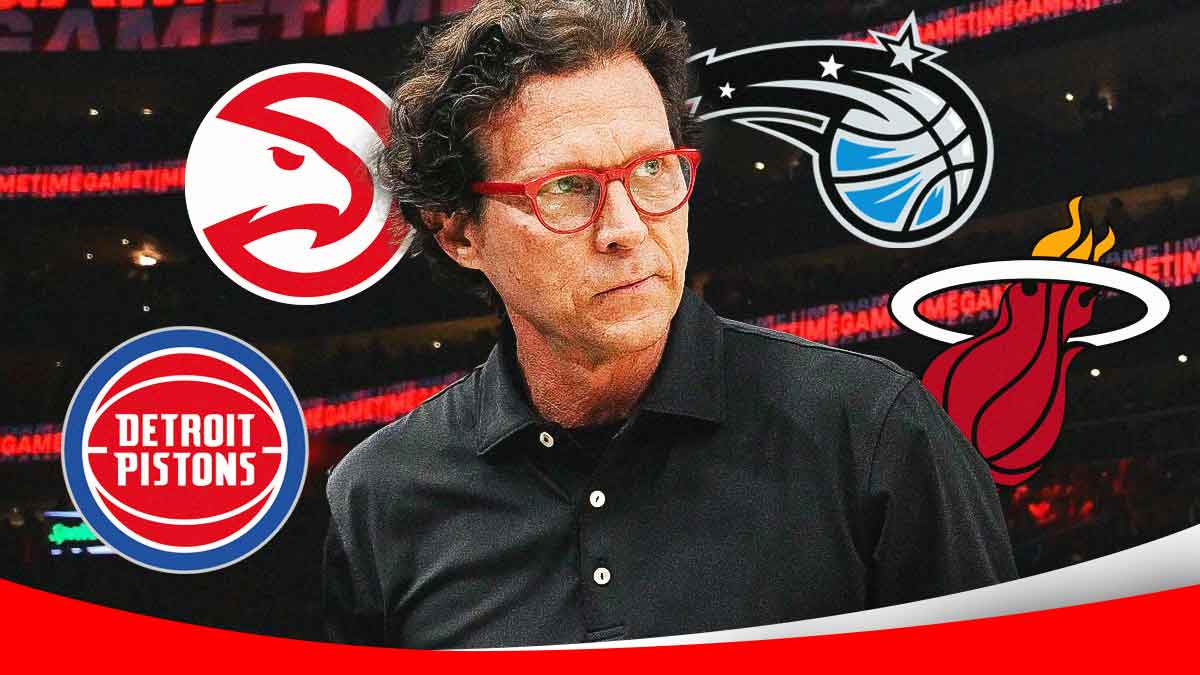 Quin Snyder with a Hawks logo, Magic logo, Pistons logo, and Heat logo surrounding him.