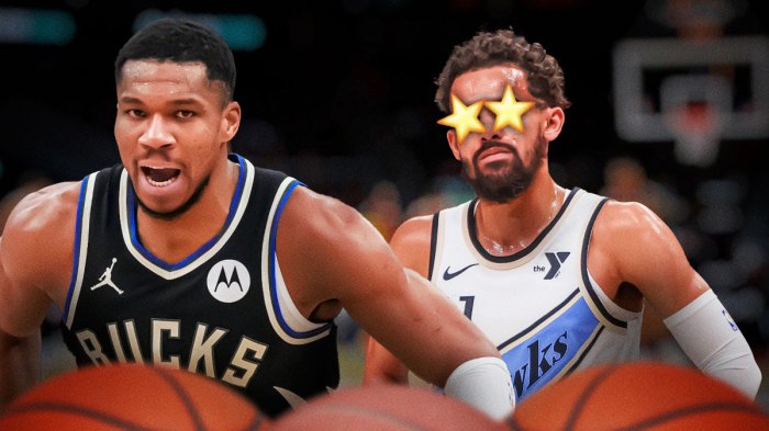 Trae Young with stars in his eyes looking at Giannis