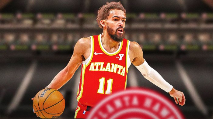 Trae Young next to Hawks logo.