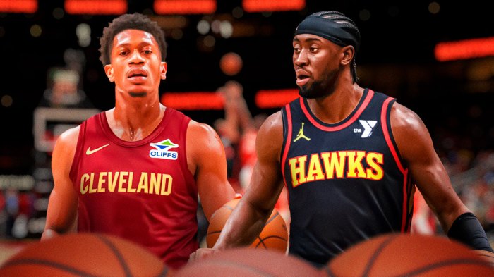 De'Andre Hunter in a Cavs jersey and Caris LeVert in a Hawks jersey.
