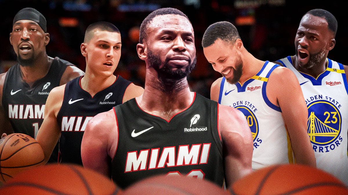 Miami Heat star Andrew Wiggins in the center with Stephen Curry and Draymond Green on one side and Tyler Herro and Bam Adebayo on the other side in front of Kaseya Center.