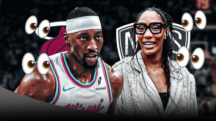 Bam Adebayo, A'ja Wilson, Miami Heat and Brooklyn Nets logos in background, eyes symbols