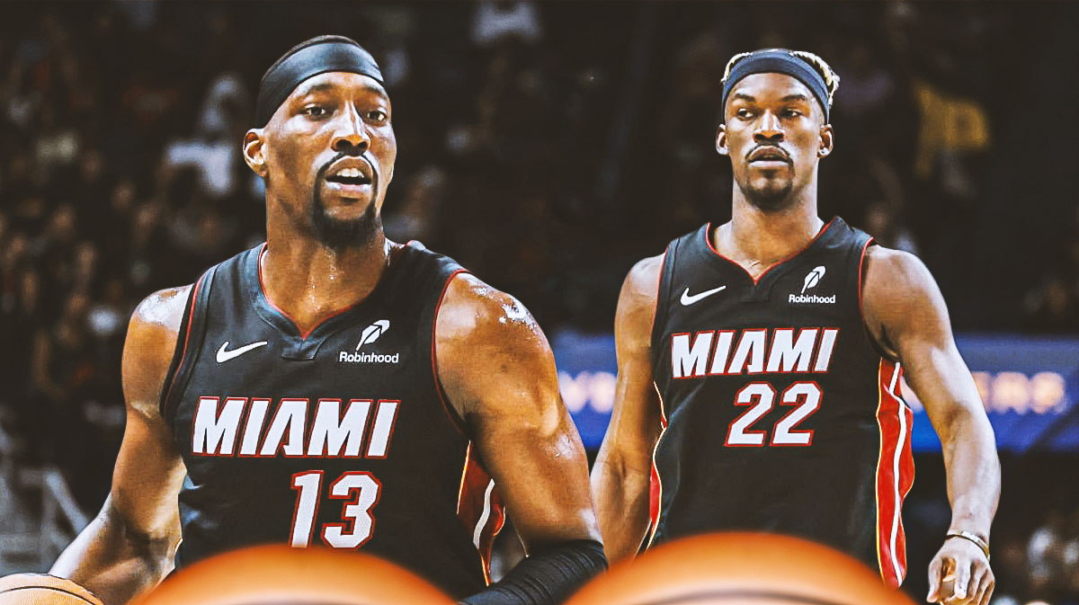 Miami Heat stars Bam Adebayo and Jimmy Butler in front of Kaseya Center.