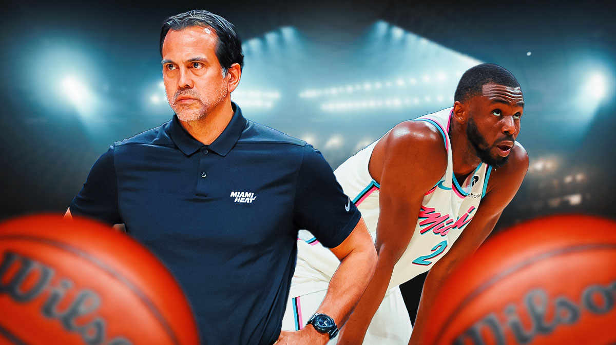 Miami Heat head coach Erik Spoelstra and Andrew Wiggins in front of Kaseya Center.