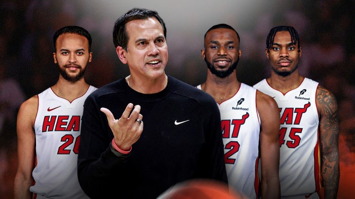 Miami Heat head coach Erik Spoelstra in the middle with Andrew Wiggins, Davion Mitchell, and Kyle Anderson (all in Heat jerseys) next to him in front of Kaseya Center.