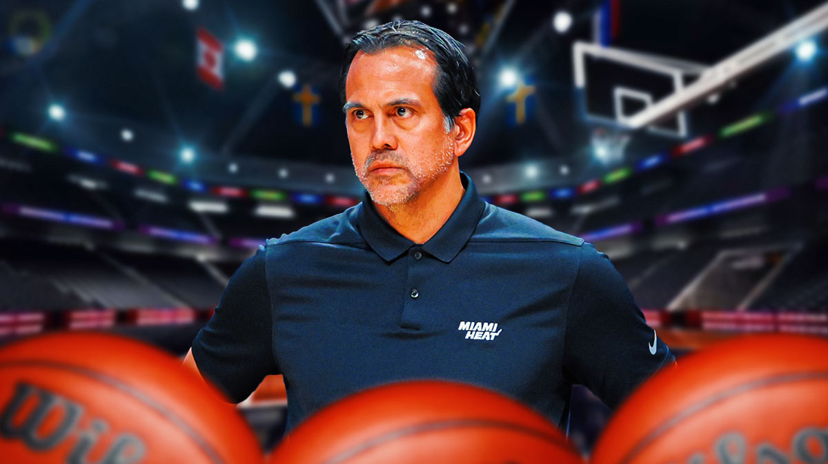 Miami Heat head coach Erik Spoelstra in front of Kaseya Center.