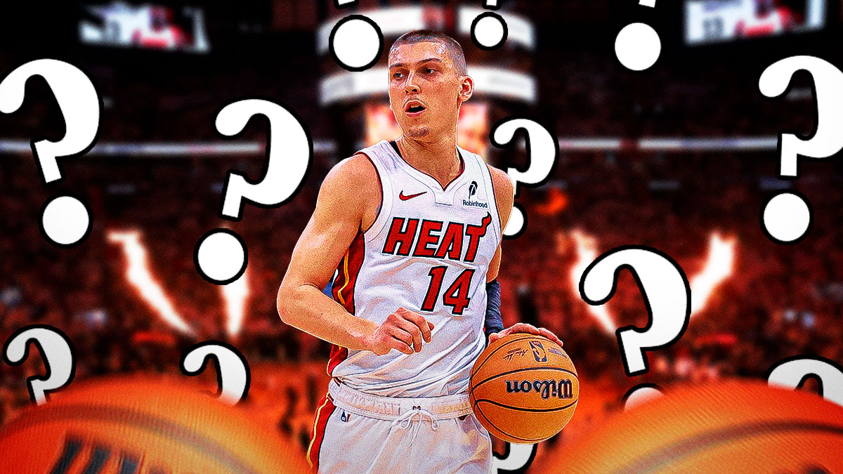 Miami Heat star Tyler Herro with question marks around him in front of Kaseya Center.