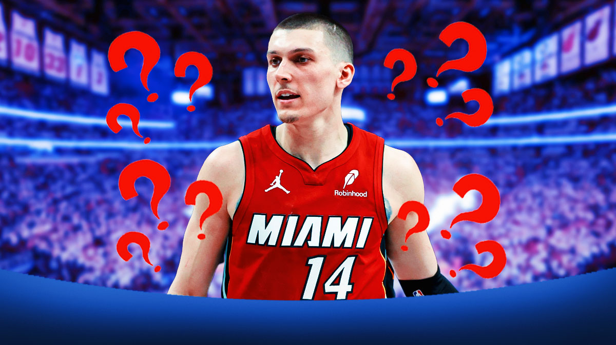 Tyler Herro with question marks around the picture.