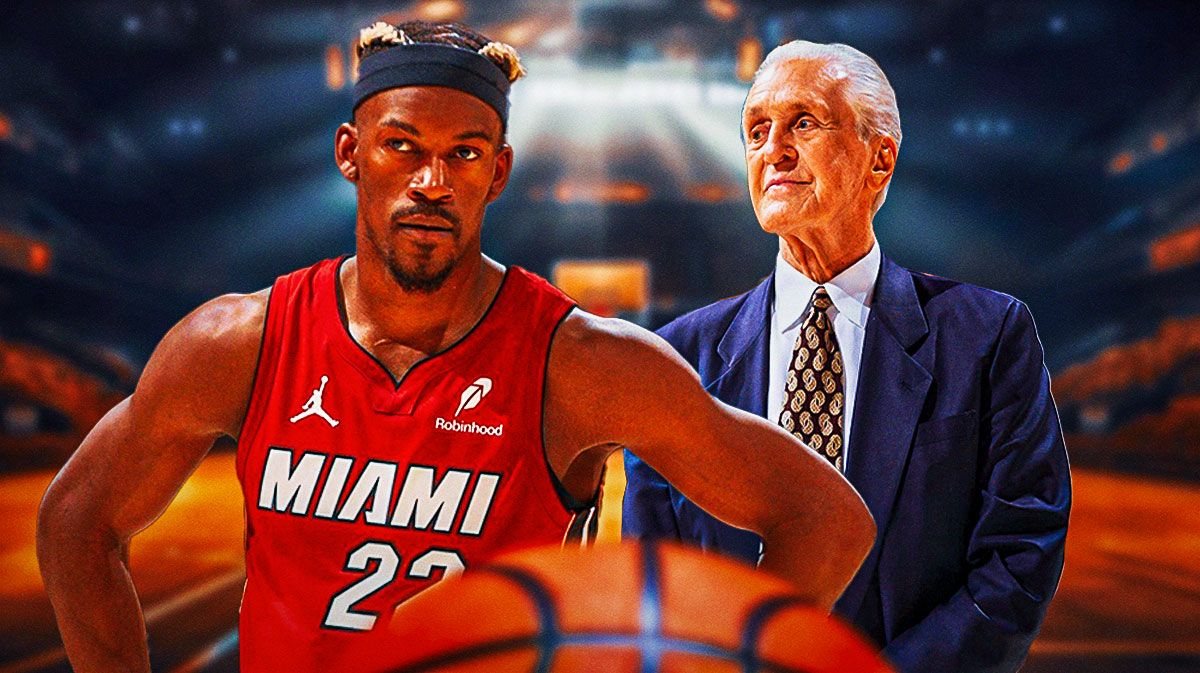 Miami Heat star Jimmy Butler and Pat Riley in front of Kaseya Center.