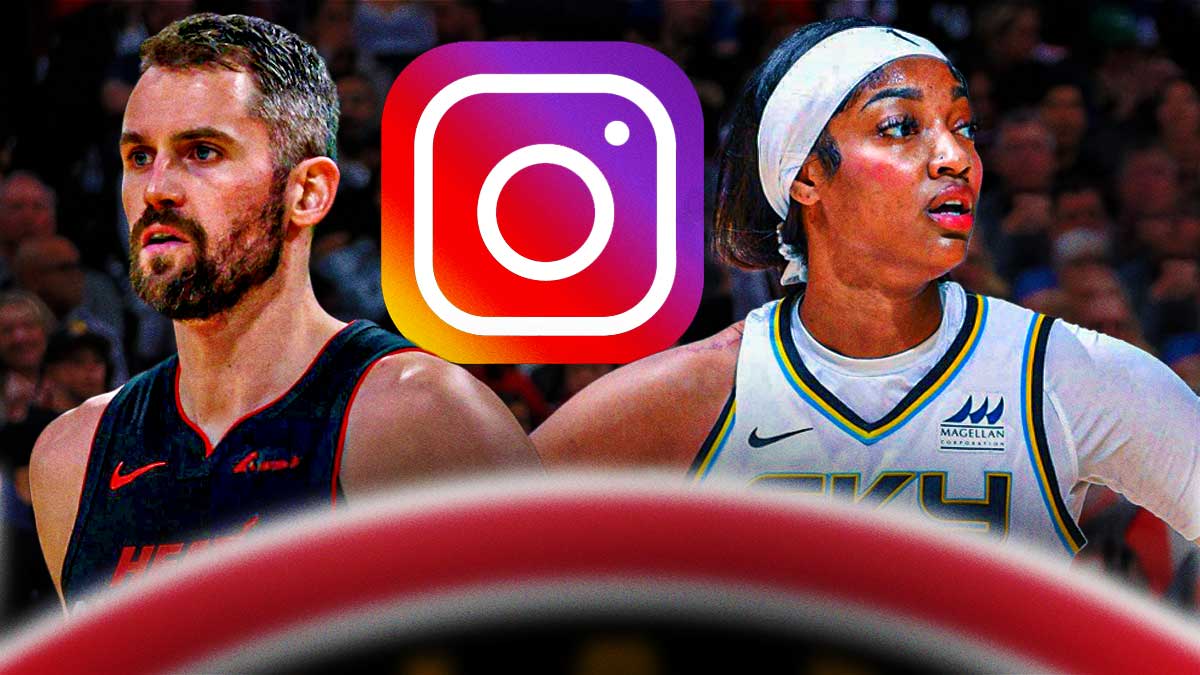 Heat veteran Kevin Love next to Sky forward Angel Reese with the Instagram logo in the background