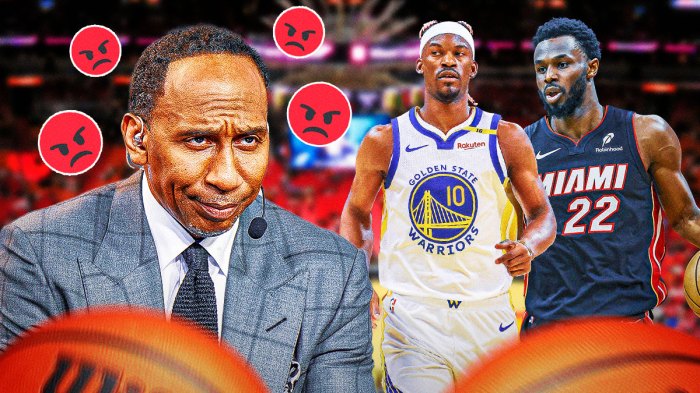 Stephen A Smith with angry emojis around him, looking at Andrew Wiggins in a Miami Heat jersey and Jimmy Butler in a Golden State Warriors jersey