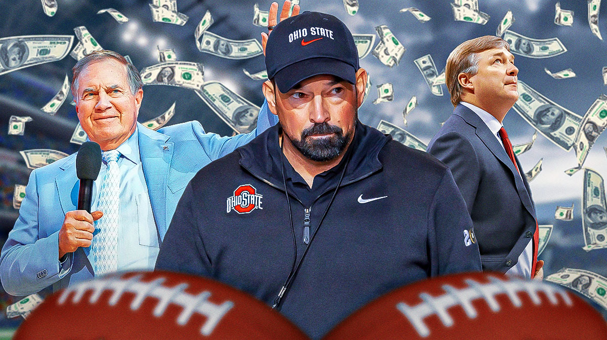 Ryan Day in middle. On each side of him is Kirby Smart and Bill Belichick (UNC gear). Money all around the graphic.