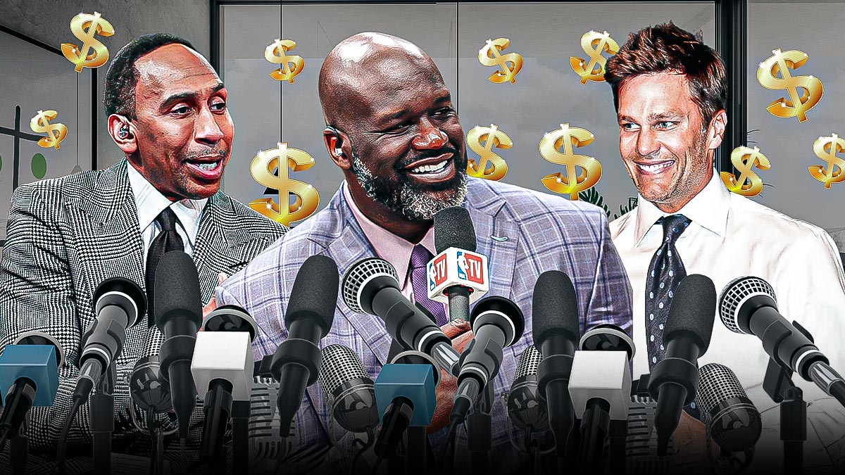Shaquille O'Neal, Tom Brady and Stephen A. Smith all with microphones in their hands and dollar signs in the background ... With Shaq in the middle of Brady and Stephen A