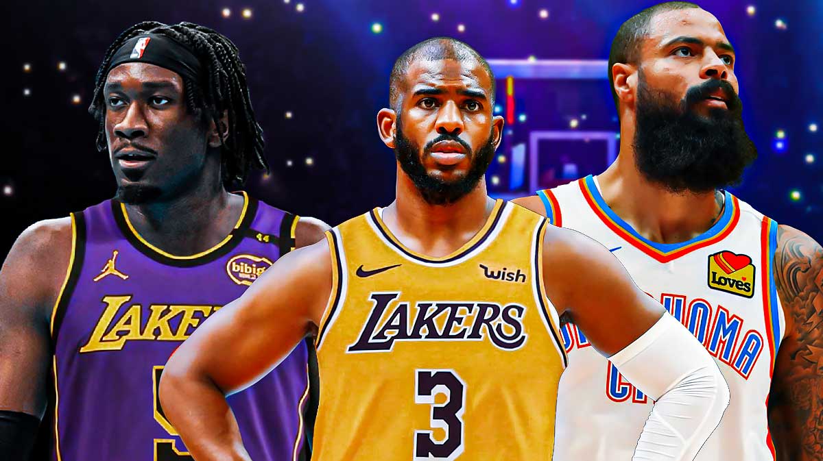 Mark Williams photoshopped in Lakers jersey, Chris Paul photoshopped in Lakers jersey, Tyson Chandler photoshopped in Thunder jersey.