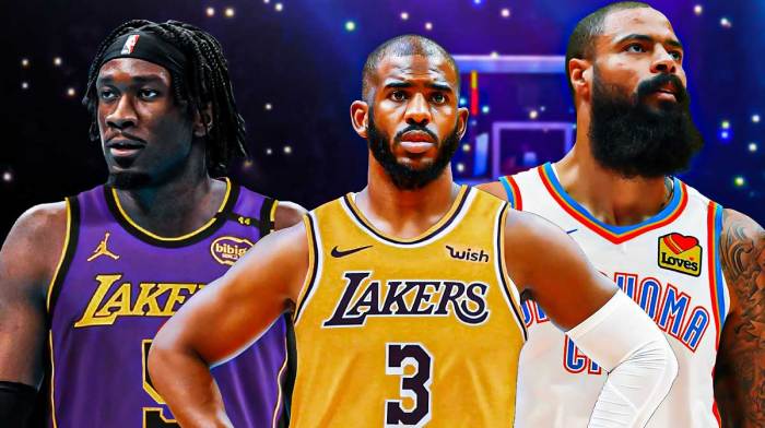 Mark Williams photoshopped in Lakers jersey, Chris Paul photoshopped in Lakers jersey, Tyson Chandler photoshopped in Thunder jersey.